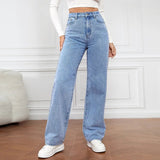 High Waist Washed Women's Jeans Long Fashionable Versatile Straight Leg Pants - Zeprah