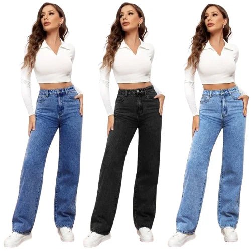 High Waist Washed Women's Jeans Long Fashionable Versatile Straight Leg Pants - Zeprah