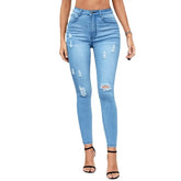 High Women's Flare Pants Casual Denim Jeans Solid Breathable Features Button Closure Fashionable Hole Ripped - Zeprah