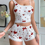 Home Women's Two - Piece Set Elastic Waist Spandex Heart Print Camisole Shorts Casual Ribbed Autumn Pajamas - Zeprah