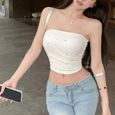 Hot Drilling Spicy Sexy Strapless Vest Off - Shoulder Single Shoulder Navel High Waist Slim - fit Slimming Single - wear Top Women - Zeprah