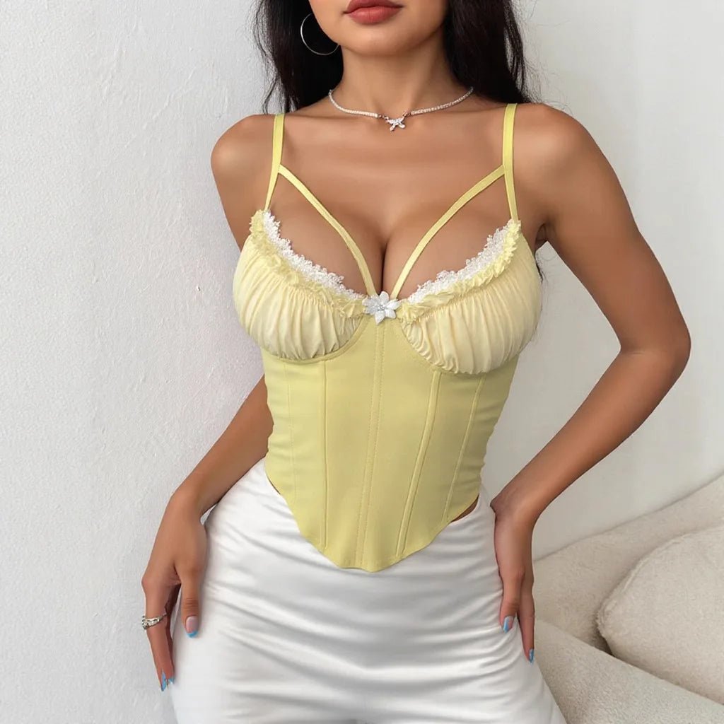 Hot Girl Backless Boned High - End Spaghetti Strap Crop Top - Sexy Sheer Mesh Paneled Lace Bandeau - Zeprah
