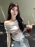 Hot Girl Style Women's T-shirts Versatile Printed T-shirt Shoulder Baring Women's Clothing - Zeprah
