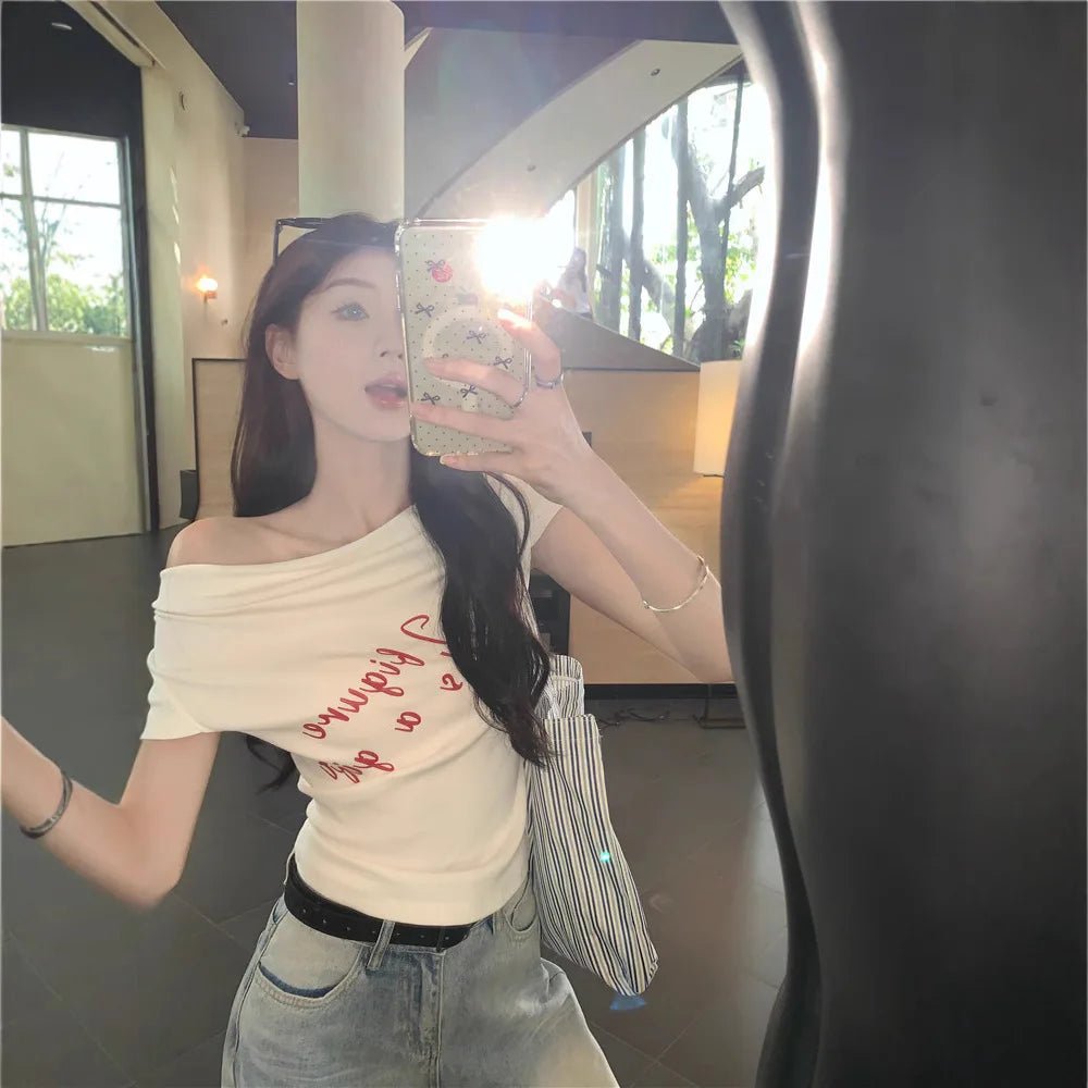 Hot Girl Style Women's T-shirts Versatile Printed T-shirt Shoulder Baring Women's Clothing - Zeprah