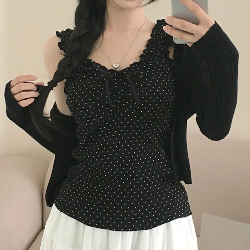 Hot Sale Women's Polka Dot Tank Top Solid Color Lace Trim Cami Ruffle Tie Detail Knitted Breathable Front Sexy Club - Zeprah