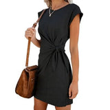 Hot Sell Women Crew Neck Self Tie Knot Casual Mini Dress - Zeprah