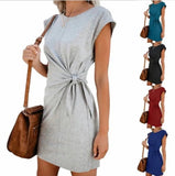 Hot Sell Women Crew Neck Self Tie Knot Casual Mini Dress - Zeprah