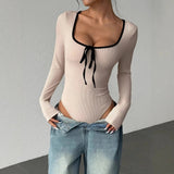 Hot - selling Gentle square Collar Fashion Jumpsuit Bow Long Sleeve Women's Jumpsuit - Zeprah