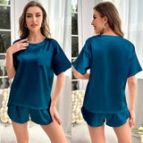 Ice Silk Breathable Women's Summer Solid Color Short - sleeved Shorts Casual Home Suit Nightgowns Elastic Waist - Zeprah