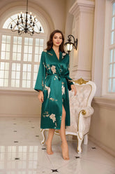 Ice Silk Floral Front Women High - End Hotel Lace - Up Bathrobe Summer Breathable Thin Printed Long - Sleeved Nightgown - Zeprah