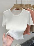 Ice Silk Graphic Tee Knitting Tops for Women Hem Fringe Short - Sleeved Tee - Zeprah