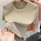 Ice Silk Graphic Tee Knitting Tops for Women Hem Fringe Short - Sleeved Tee - Zeprah