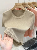 Ice Silk Graphic Tee Knitting Tops for Women Hem Fringe Short - Sleeved Tee - Zeprah