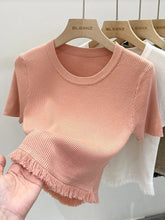 Ice Silk Graphic Tee Knitting Tops for Women Hem Fringe Short - Sleeved Tee - Zeprah