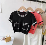 Ice Silk Women's Clothing Color Contrast Crewneck Tops for Women Knitted Short - Sleeved Tee - Zeprah