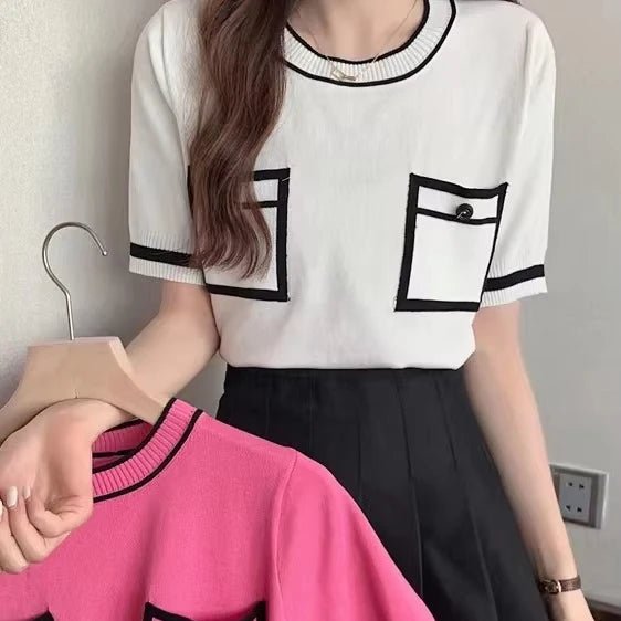 Ice Silk Women's Clothing Color Contrast Crewneck Tops for Women Knitted Short - Sleeved Tee - Zeprah