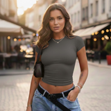 HOT Solid Color Slim Crop Tops Women's T-Shirt , O-Neck Short Sleeve Casual Ladies Top , Regular Fit Knitted Summer Basic