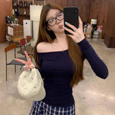 Innocent - Seductive Style Spice Girl Slim - fit Slimming Shoulder Long - sleeved T-shirt Women's Autumn Design Sense Student Top - Zeprah