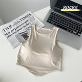 Irregular Cool Summer Ice Silk Padded tank Top Beauty Back O - neck Workout Yoga Underwear Basic Casual Woman Camisole - Zeprah