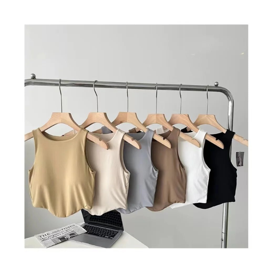 Irregular Cool Summer Ice Silk Padded tank Top Beauty Back O - neck Workout Yoga Underwear Basic Casual Woman Camisole - Zeprah