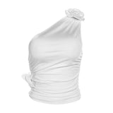 Irregular Slant Shoulder Off - Shoulder Three - Dimensional Flower Top Women's Summer Sleeveless Outer Wear Short Camisole Vest - Zeprah