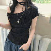 K - Fashion Asymmetrical Knitted Blouse Women Summer Polka Dot Print Off - Shoulder Pullover Slim Fit Cute Casual T-Shirt - Zeprah