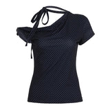 K - Fashion Asymmetrical Knitted Blouse Women Summer Polka Dot Print Off - Shoulder Pullover Slim Fit Cute Casual T-Shirt - Zeprah