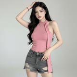 Knit Crop Top with Halter Neck Tie - Scarf Design - Zeprah
