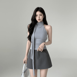 Knit Crop Top with Halter Neck Tie - Scarf Design - Zeprah