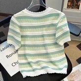 Knitted Graphic Tee Ice Silk Tops for Women Streak Short Sleeve Top - Zeprah