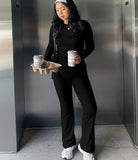 Knitted Rib Long Sleeve Crop Top Long Flare Pant Women'S Sets Casual Clothes Legging Gym Sportsuit - Zeprah