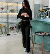 Knitted Rib Long Sleeve Crop Top Long Flare Pant Women'S Sets Casual Clothes Legging Gym Sportsuit - Zeprah