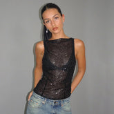 Knitted Sequin Cut - Out Sleeveless Short Top Zipper Front Club Party Vest Summer High Quality Women's Cami - Zeprah