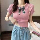 Knitted Short Sleeve T-shirt Bow Doll Collar T-shirt Versatile Graphic Tee - Zeprah