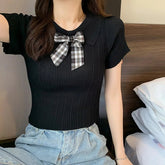 Knitted Short Sleeve T-shirt Bow Doll Collar T-shirt Versatile Graphic Tee - Zeprah