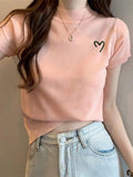 Knitted Tops for Women Mock Turtleneck Women's Clothing Embroidery Short - Sleeved Tee - Zeprah