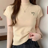 Knitted Tops for Women Mock Turtleneck Women's Clothing Embroidery Short - Sleeved Tee - Zeprah
