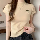 Knitted Tops for Women Mock Turtleneck Women's Clothing Embroidery Short - Sleeved Tee - Zeprah