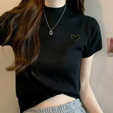 Knitted Tops for Women Mock Turtleneck Women's Clothing Embroidery Short - Sleeved Tee - Zeprah