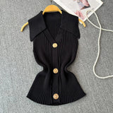 Knitted Vest Women's Summer Thin Design Niche POLO Collar Slimming Short Chic Neck Top - Zeprah