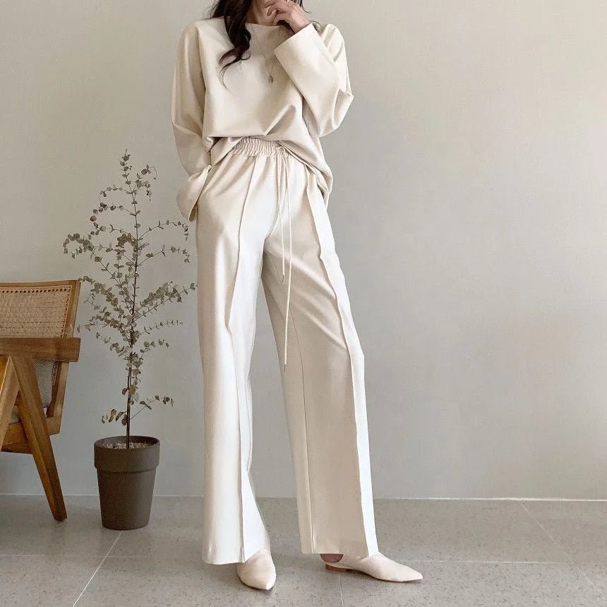 Korean Chic Autumn Long - Sleeve Loose - Fit Versatile Sweatshirt + Elastic - Waist Drawstring Women's Trousers Set - Zeprah