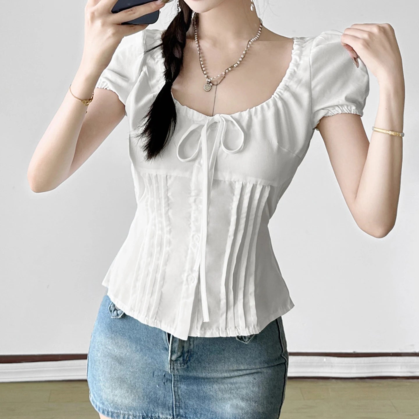 Korean New Women's Shirt Cute Girly Solid Color Blouse Pleated Detail Buttons Skinny Front Casual - Zeprah