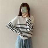 Korean Striped Round Neck Long - Sleeved Knitwear Early Autumn Fashionable Women's Loose Slimming Base Shirt Top - Zeprah
