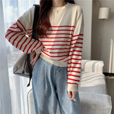 Korean Striped Round Neck Long - Sleeved Knitwear Early Autumn Fashionable Women's Loose Slimming Base Shirt Top - Zeprah