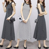 Korean Style Elegant Slim Striped Dress Women's Summer Retro Simple Sleeve - A - line Long Dress - Zeprah