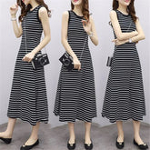 Korean Style Elegant Slim Striped Dress Women's Summer Retro Simple Sleeve - A - line Long Dress - Zeprah