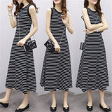 Korean Style Elegant Slim Striped Dress Women's Summer Retro Simple Sleeve - A - line Long Dress - Zeprah