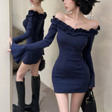Korean Style Off Shoulder Dress for Women Ruffled Bell Sleeve Bodycon Dress Sexy Slim Fit Base Layer for Fall & Winter - Zeprah
