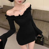Korean Style Off Shoulder Dress for Women Ruffled Bell Sleeve Bodycon Dress Sexy Slim Fit Base Layer for Fall & Winter - Zeprah