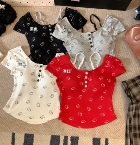 Korean Style Spice Girl Faux Two - piece Cute Printed Short - sleeved T-shirt Pure Desire Slim - fit Short Top with Chest Pad - Zeprah